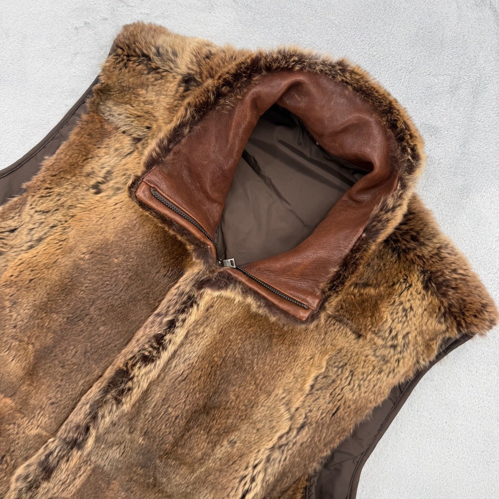 Andrew Marc Mens Rabbit Fur Leather Vest Brown Zip Luxury Gilet Size Medium***‎